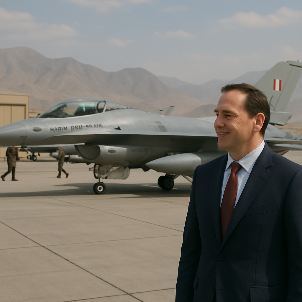 F-16 fighter jets parked on a Peruvian Air Force base tarmac with military personnel in the background.