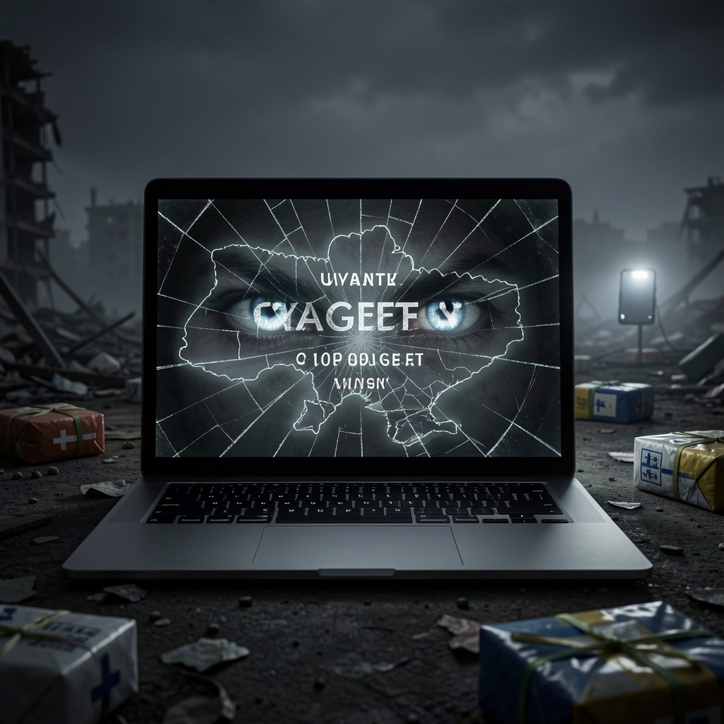 Dark laptop screen with distorted CAPTCHA, Ukraine map, cracked glass, and ominous glowing eyes in shadows.