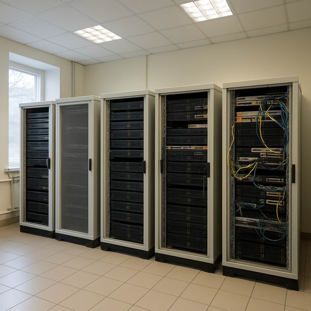 Empty Russian office network room with rows of computer servers and networking equipment.