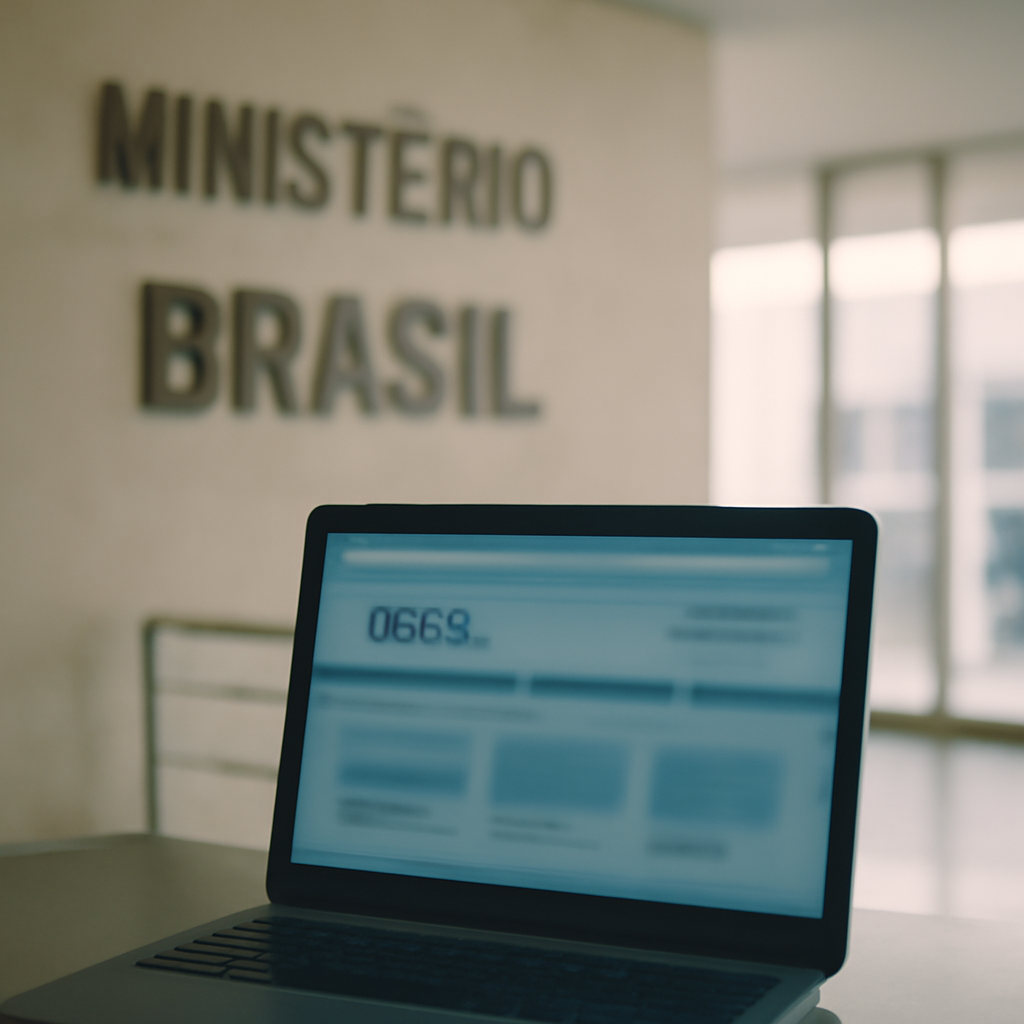 Government building interior with laptop showing a website, hinting at vulnerability.