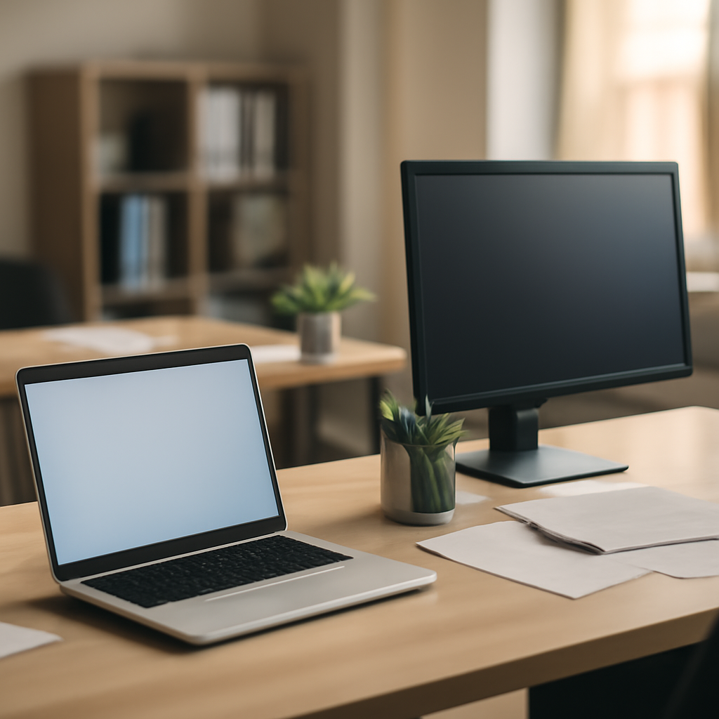 Blurred office workstation with scattered papers and a small potted plant nearby.