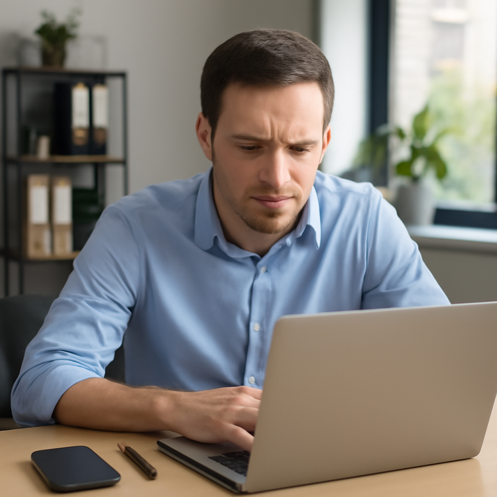 Office worker looks confused at laptop screen with phone and notebook nearby.