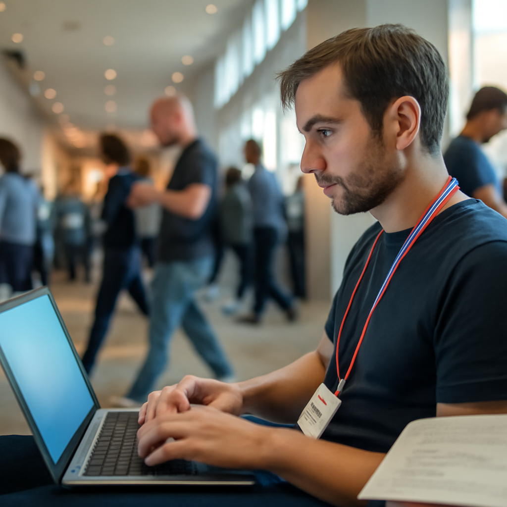 A conference attendee sits at a laptop in a crowded hallway, surrounded by people looking at their own devices.