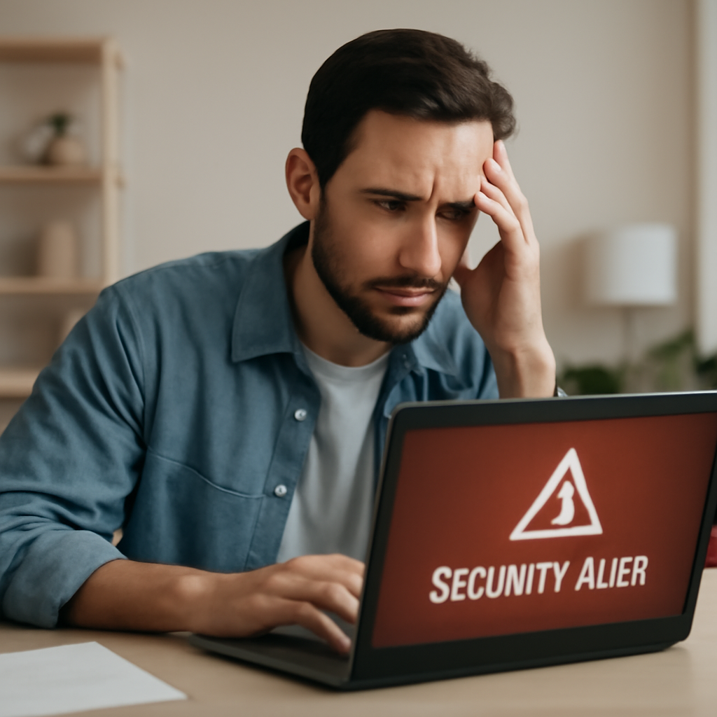 Person looks concerned while examining a laptop screen with a fake security alert.