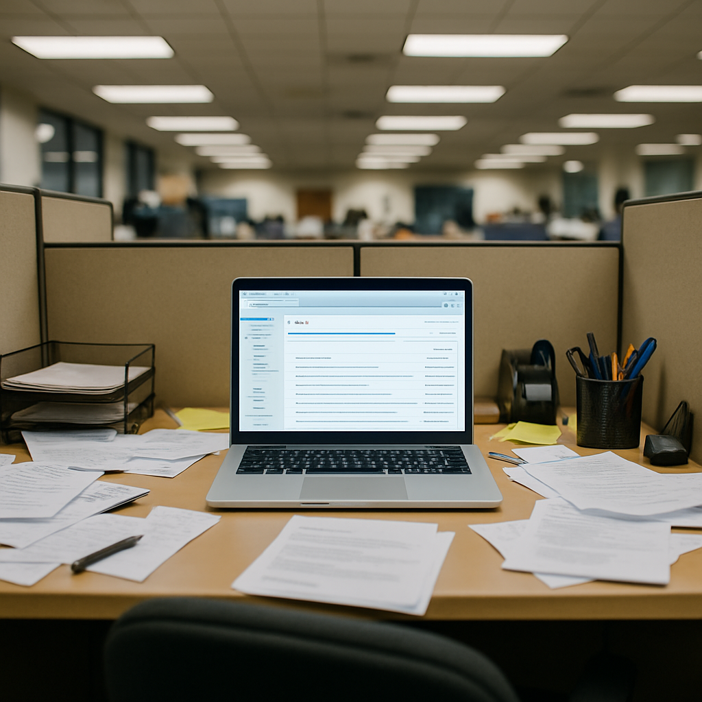 Office cubicle with open laptop showing an email inbox with a blank subject line on a cluttered desk.