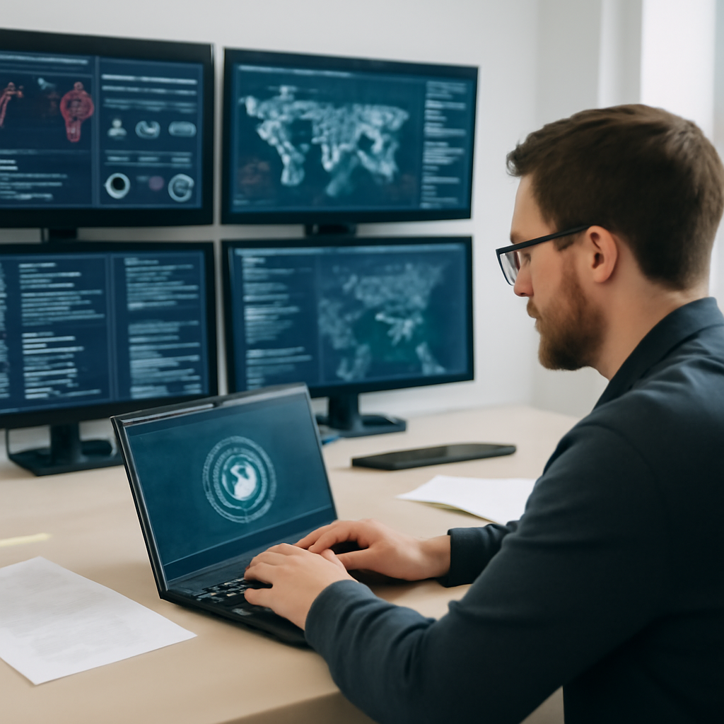 Security analyst working at a workstation surrounded by screens in a bright operations center.