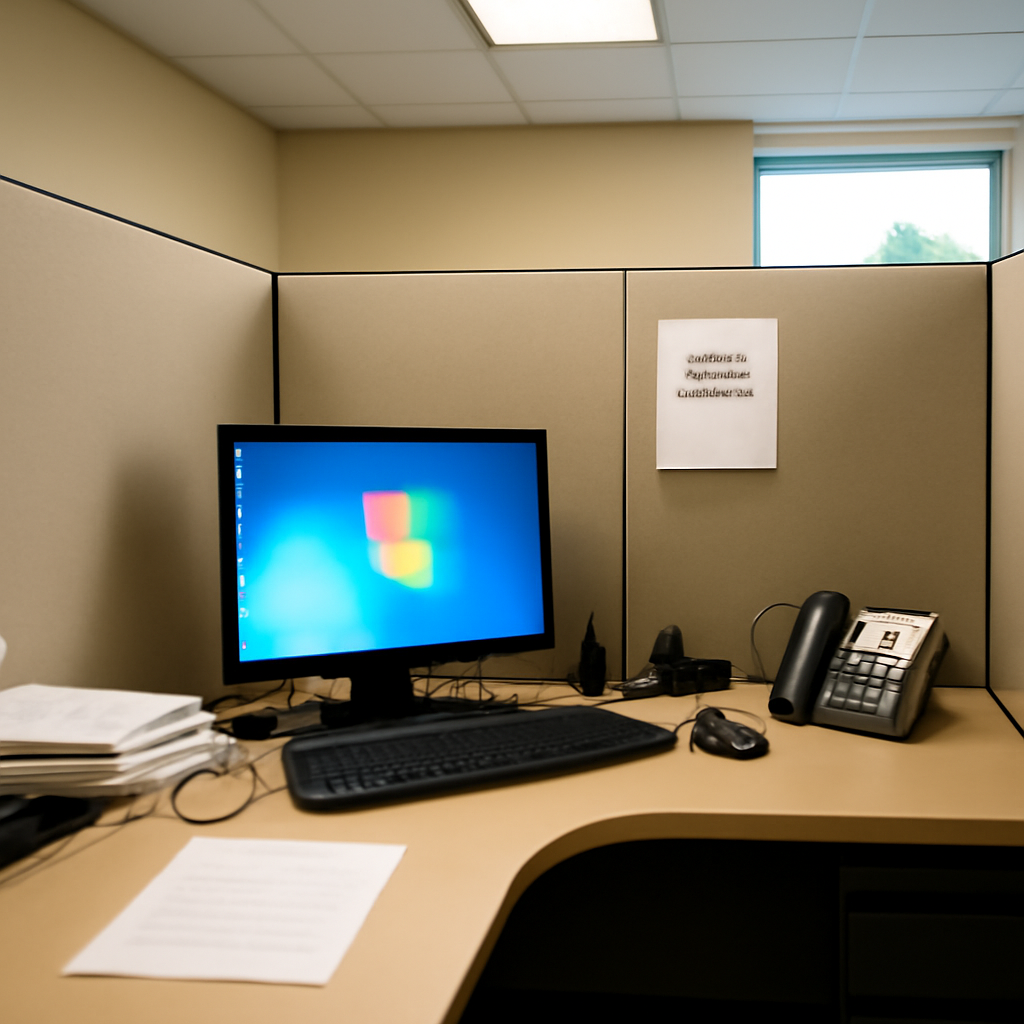 Cluttered office cubicle with computer, phone, and papers under fluorescent lighting.