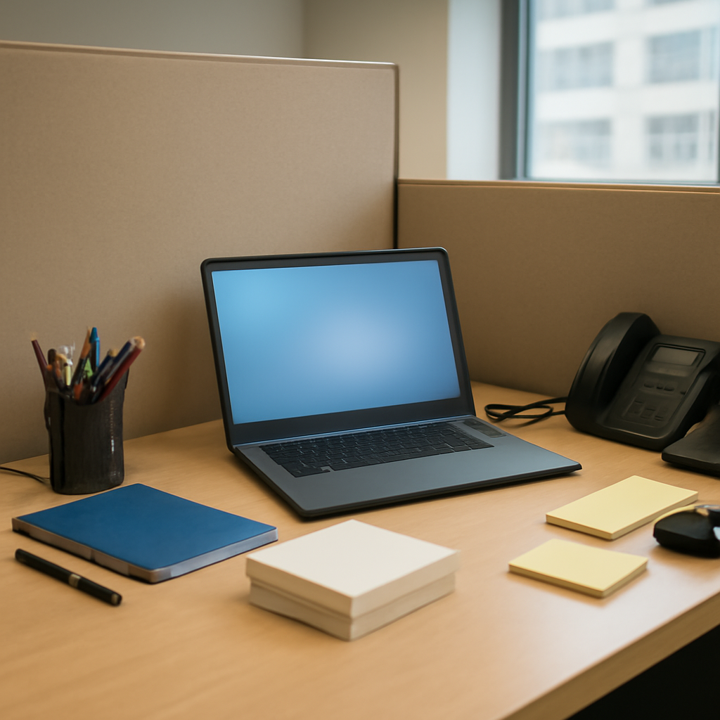 A typical office cubicle with a laptop and stack of blank greeting cards on the desk.