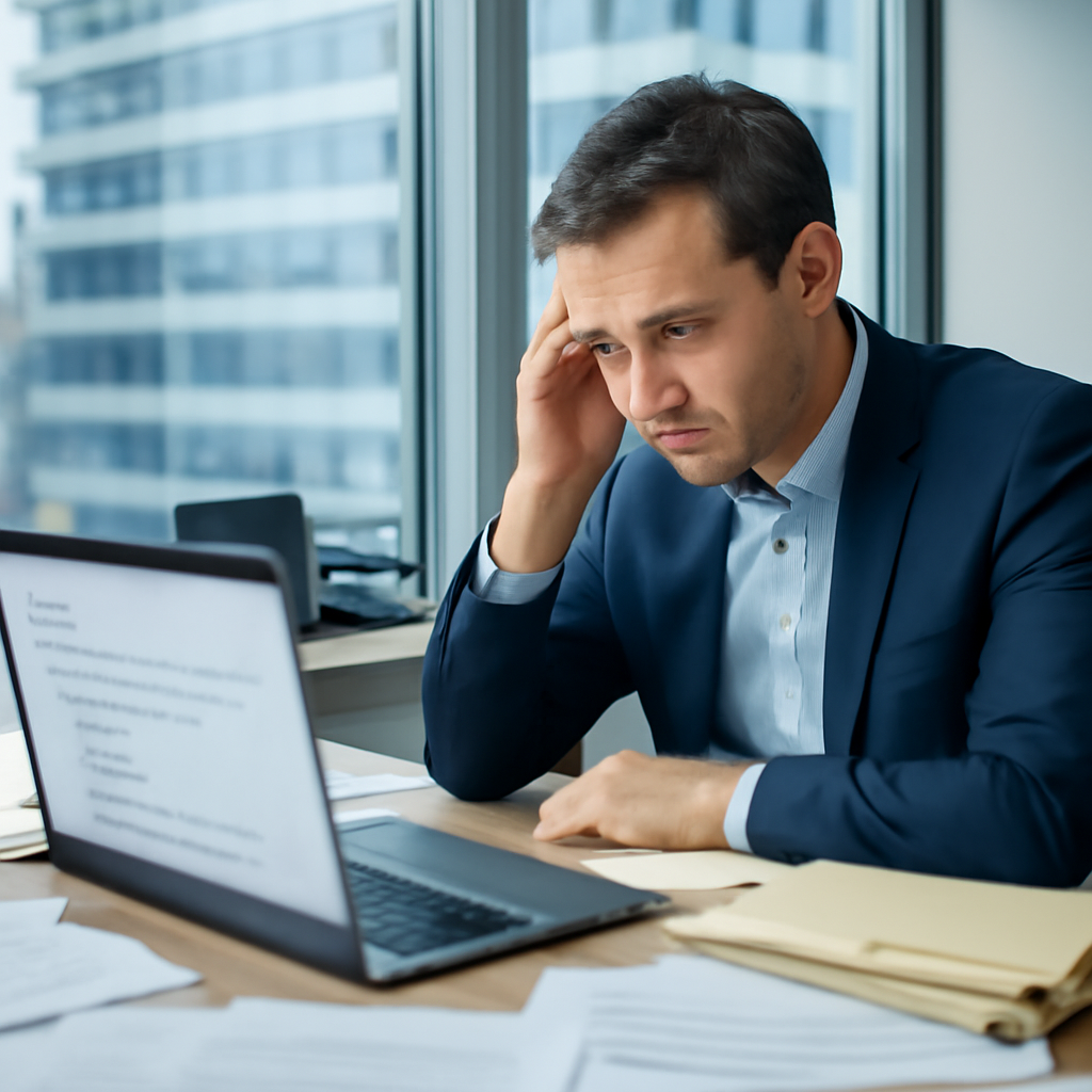 Business professional sits at computer with blurred screen in typical workspace.