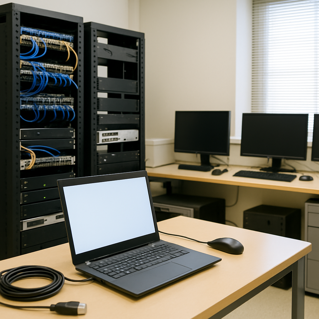 Well-lit IT workstation with computer screens and equipment in a small business network operations area.