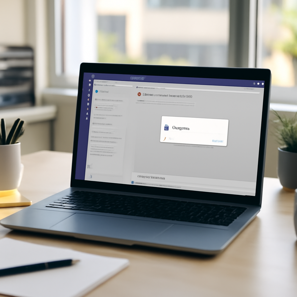Laptop on a desk in a bright office setting displays a notification on a Microsoft Teams interface.