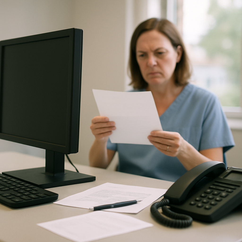 Person in background looks concerned at a piece of paper near a computer workstation.
