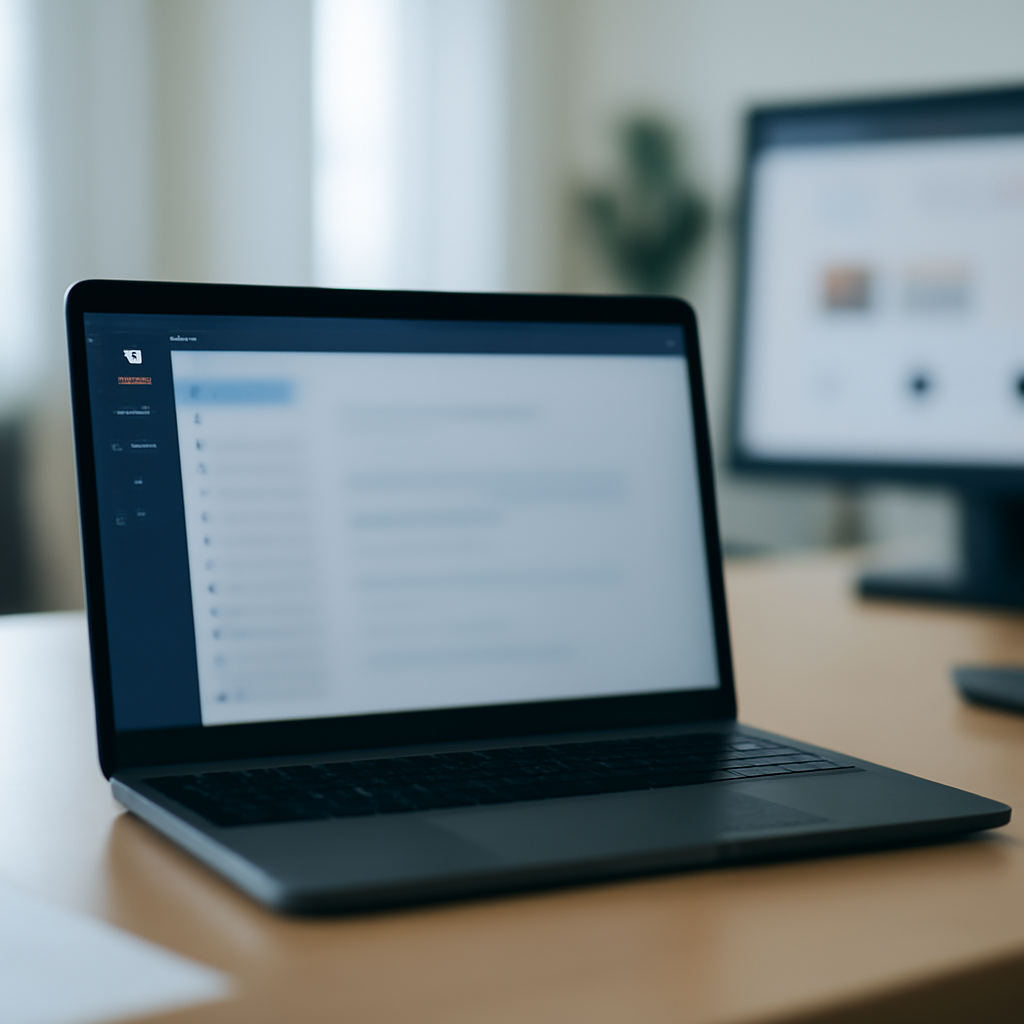 Blurred laptop screen shows Microsoft Teams on a brightly-lit office desk with another monitor or paper in the background.