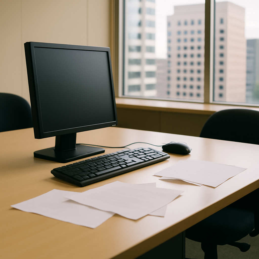 Brightly-lit office setting with generic computer workstation and scattered papers.