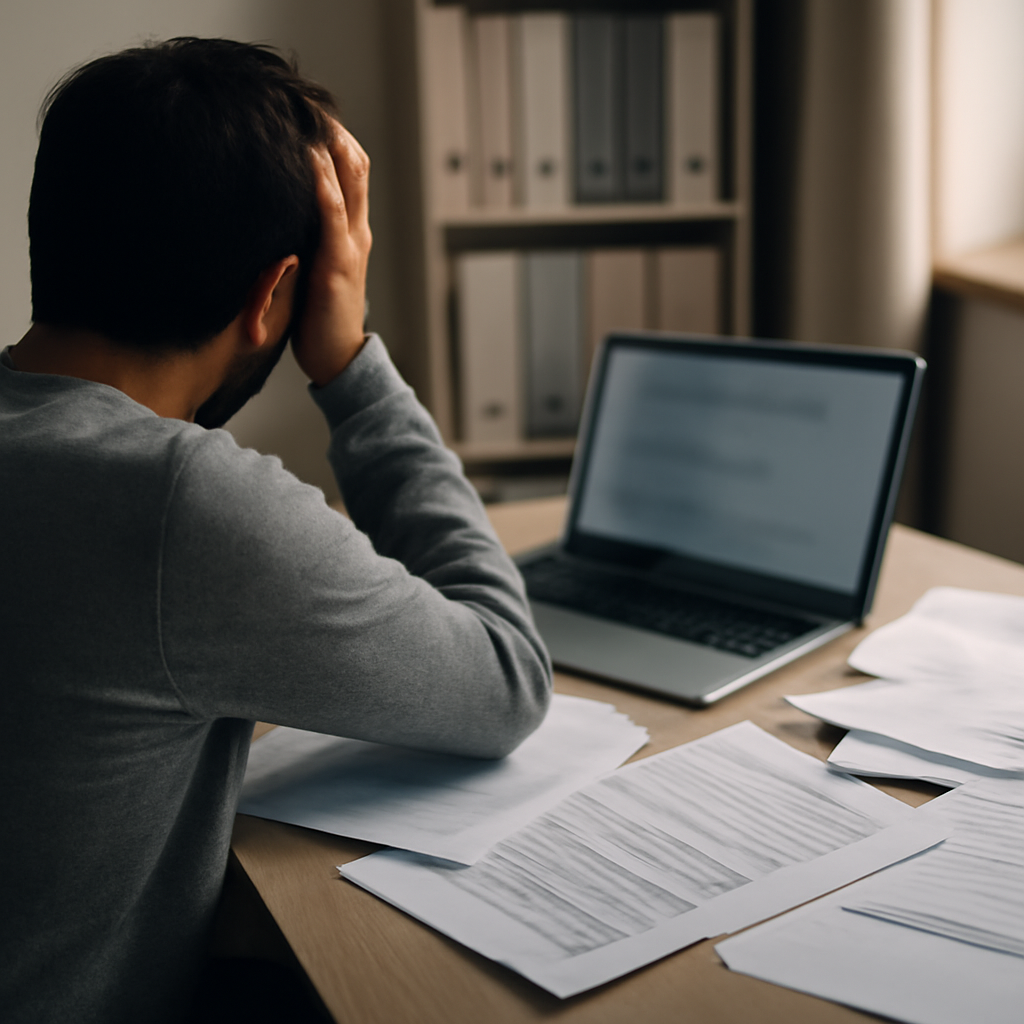 Person working at desk with laptop and papers in a home office setting.