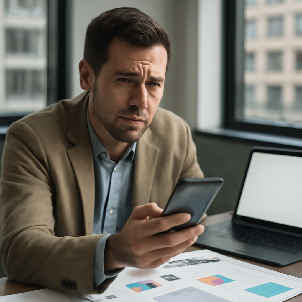 Marketing professional looks concerned, holding smartphone amidst papers and laptop.