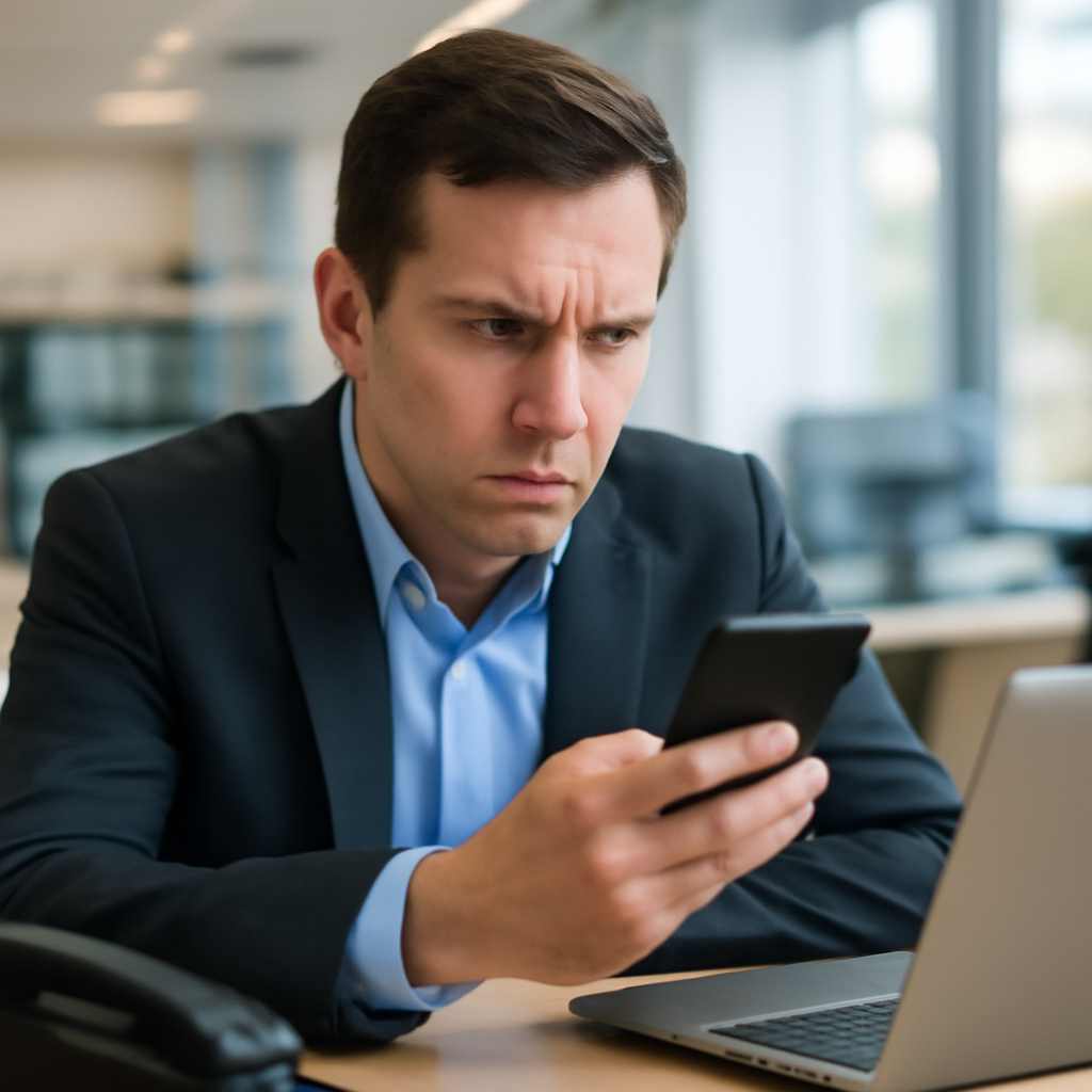 Person sitting at desk with concerned expression, looking at phone near open laptop.