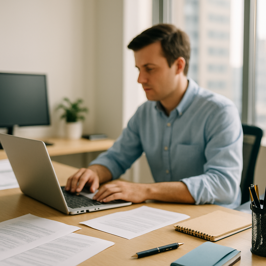 Office worker sits at desk with laptop and papers, surrounded by ordinary office atmosphere.