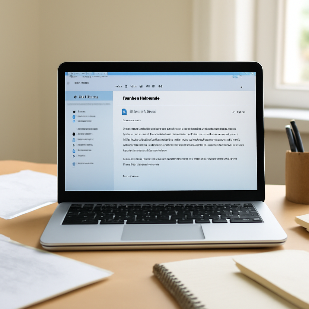 Laptop screen on a desk near a window shows an email inbox with a message preview.