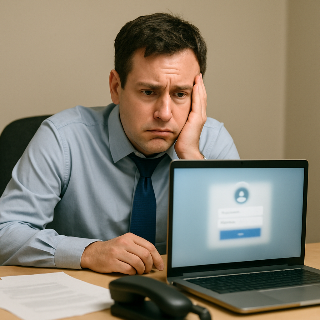 Office worker looks concerned at laptop with login page, phone ringing nearby.