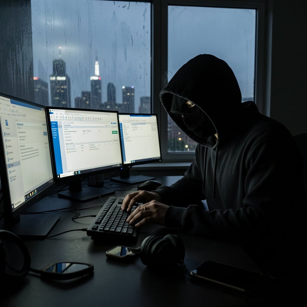 Person in a hoodie surrounded by screens with helpdesk software, face obscured, in a dark room with cityscape visible…