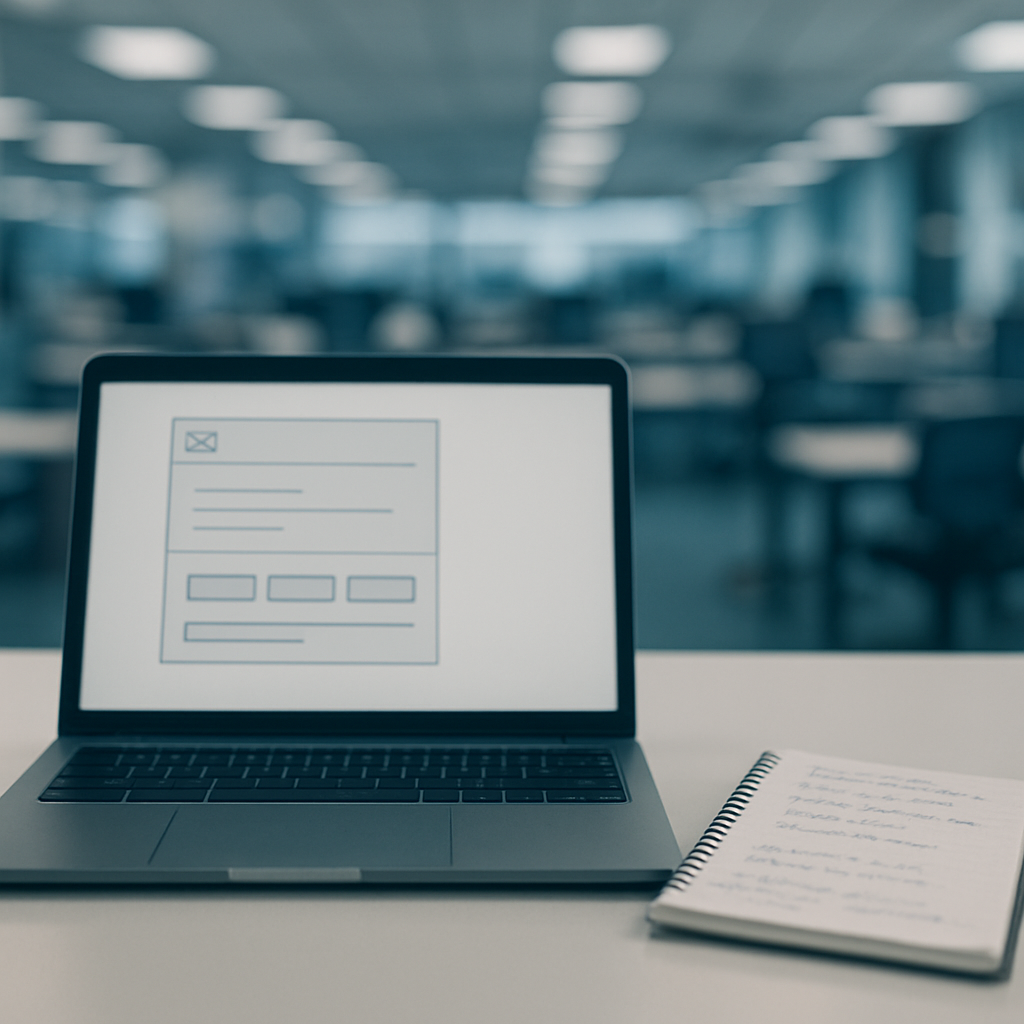 Modern office setting with laptop and notepad in foreground, blurred workstations in background.