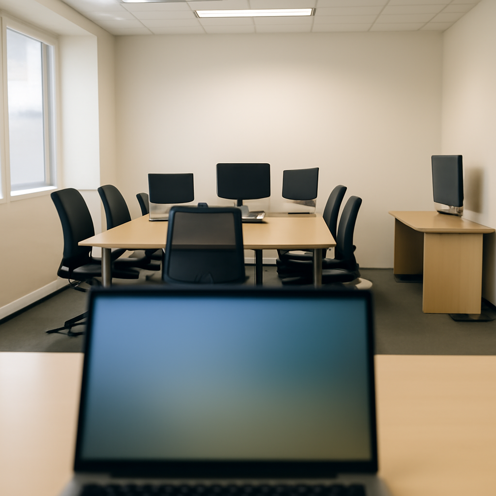 Office workspace with computers and subtle network hints, laptop screen visible.