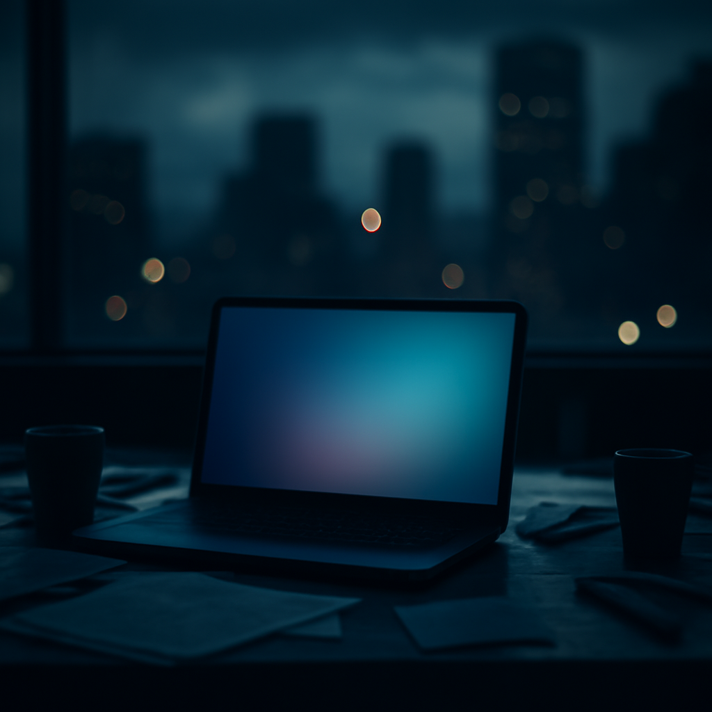 Darkened cityscape at dusk with a brightly-lit laptop on a cluttered table.
