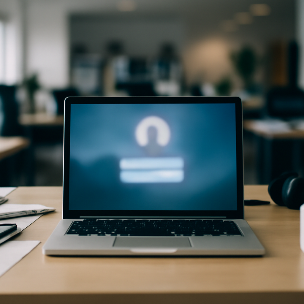 Blurred login page on a laptop screen in a cluttered modern office setting.
