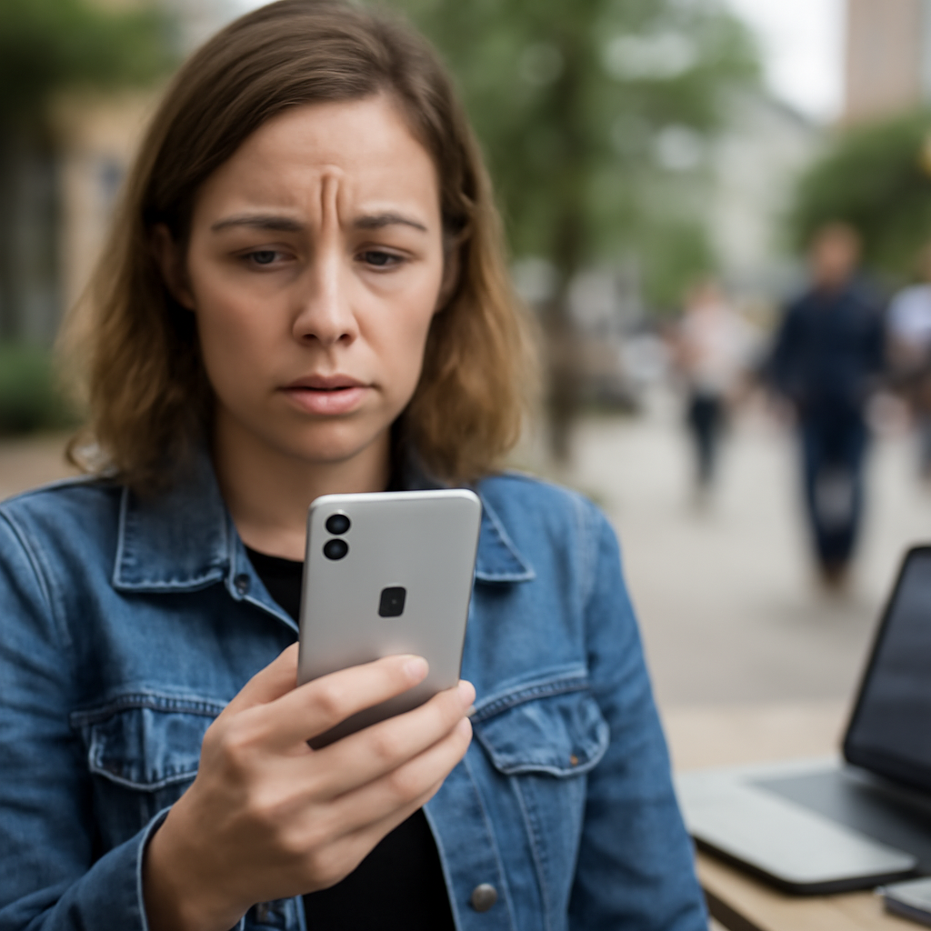 Person holds Apple device with concerned expression in urban setting.