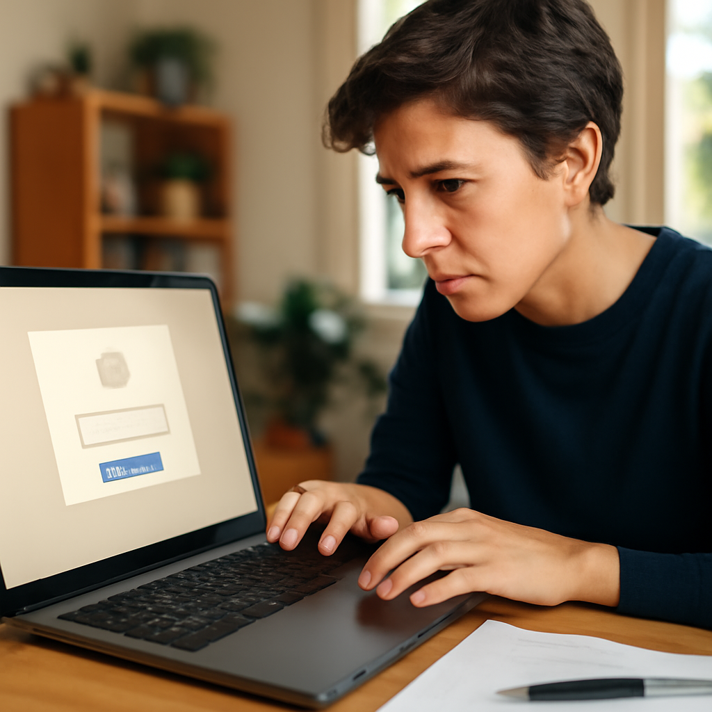 Person looks concerned while viewing a laptop screen in a home office setting.