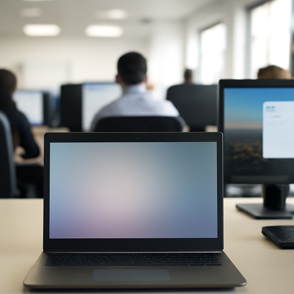 Office workers in background, foreground laptop screen blank and blurred.