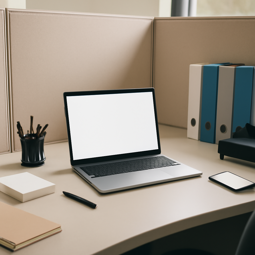 Empty office cubicle with laptop and smartphone on desk, surrounded by office supplies in a bright, daytime setting.