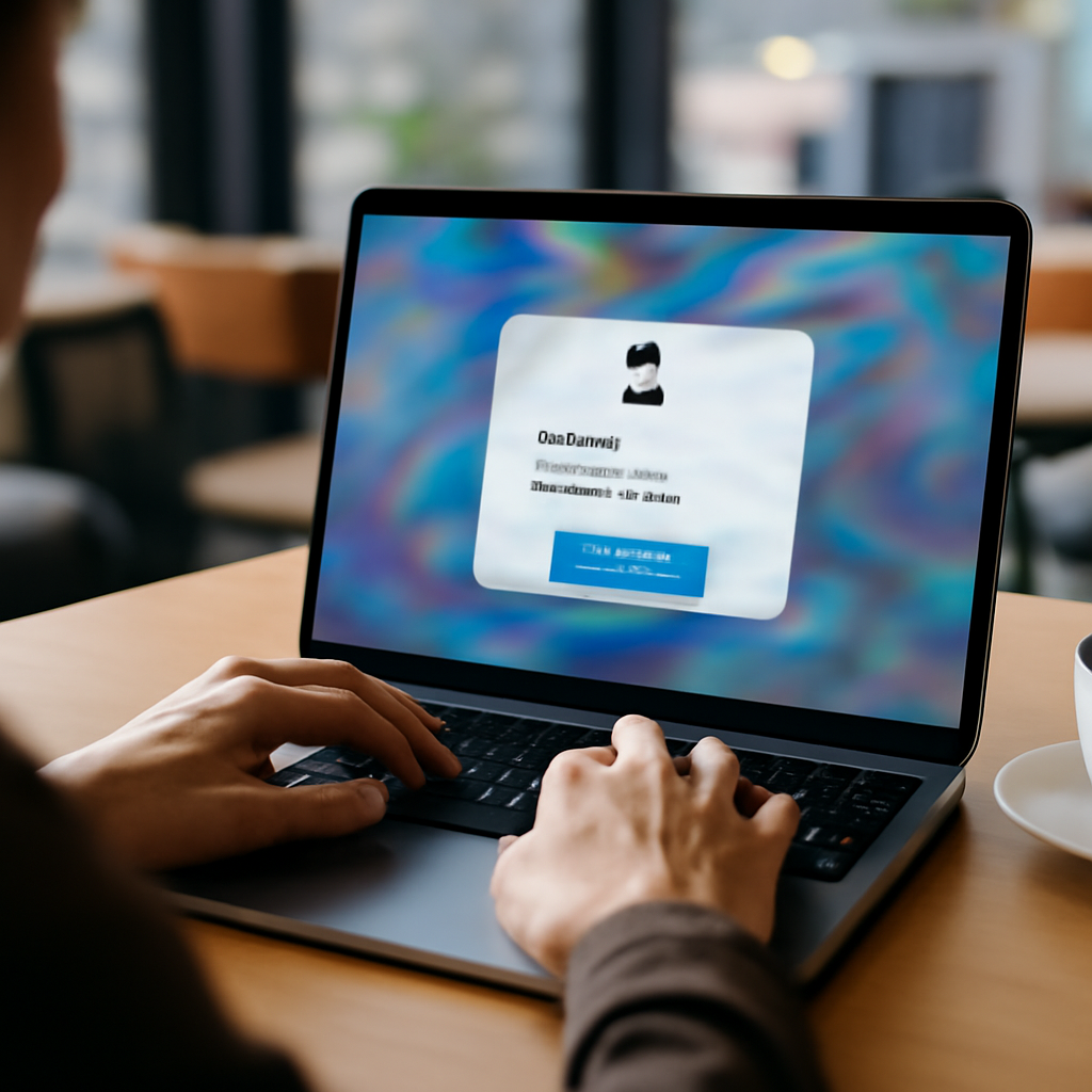 Person sitting in coffee shop with laptop showing blurred login page.