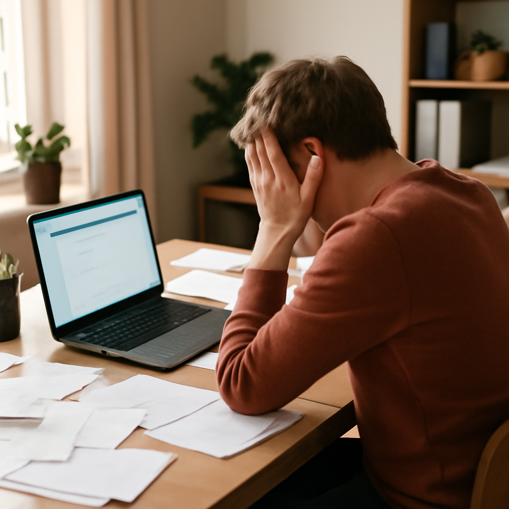 Person working at desk with laptop, papers, and notes, with browser window hinted on screen.
