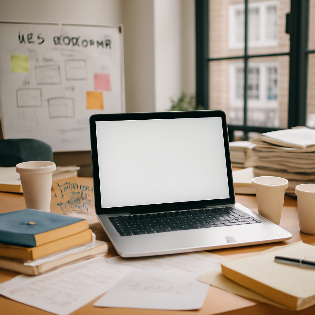 Cluttered desk with laptop, coding books, and notes in a shared office space near a window.