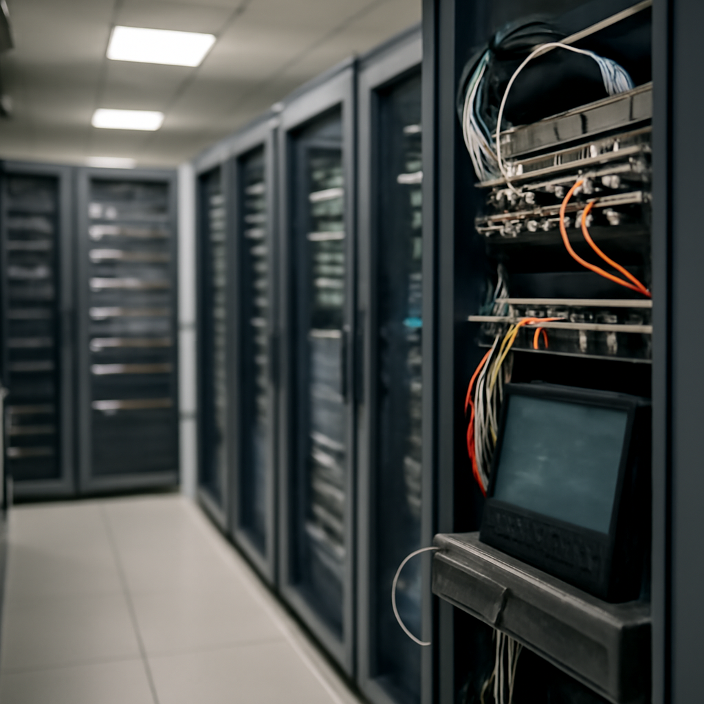 Rows of servers and cables in a network operations center with a hint of vulnerability.