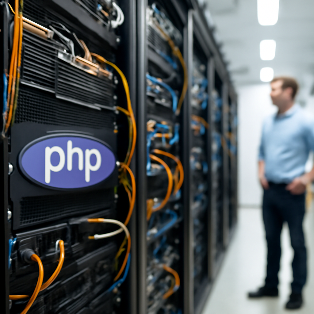 Rows of computer servers and networking equipment in a brightly-lit data center with a focus on a specific server.