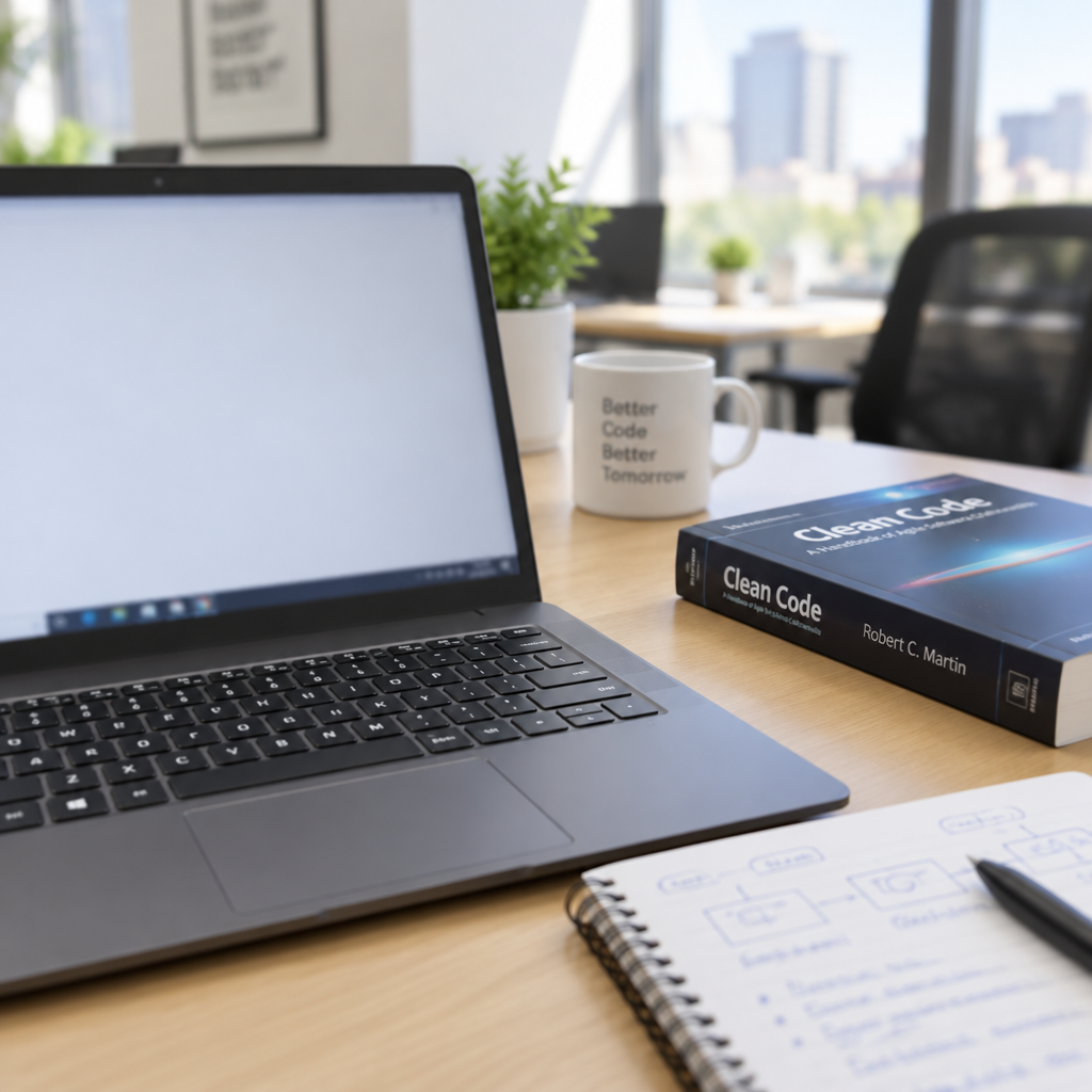 Windows computer workstation with laptop, keyboard, and coding notes on a desk in a bright office setting.