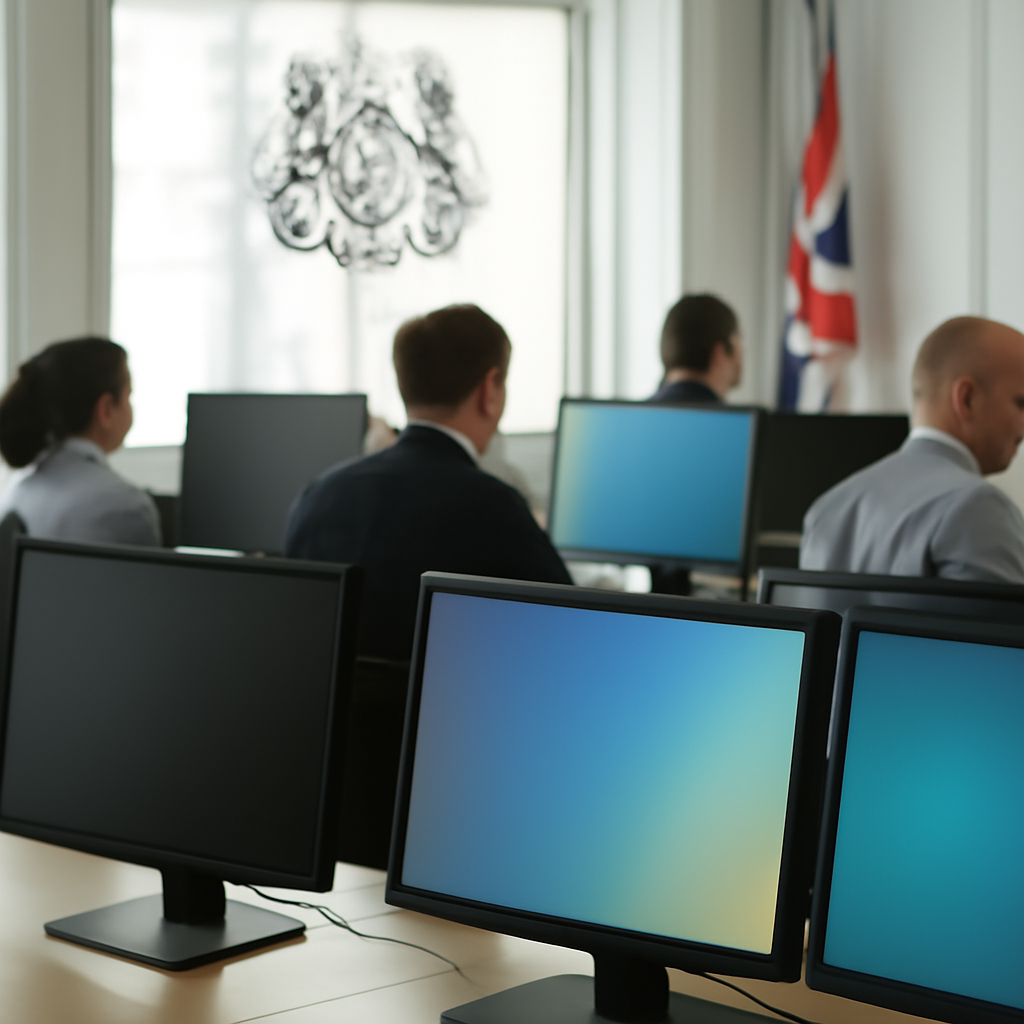 UK government office with computer screens and subtle flag insignia in background.