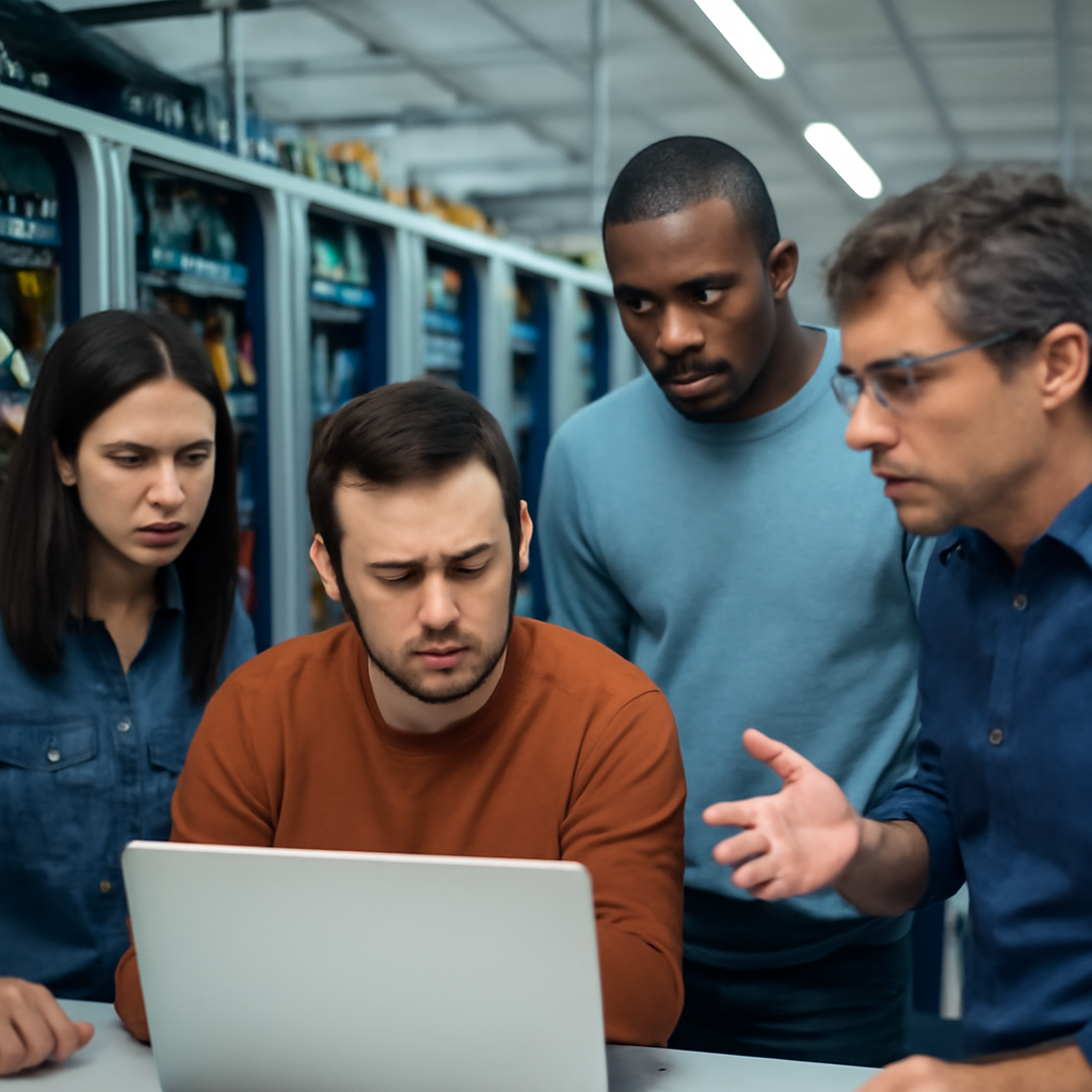 Concerned technicians in a server room examine a laptop screen amidst rows of equipment.