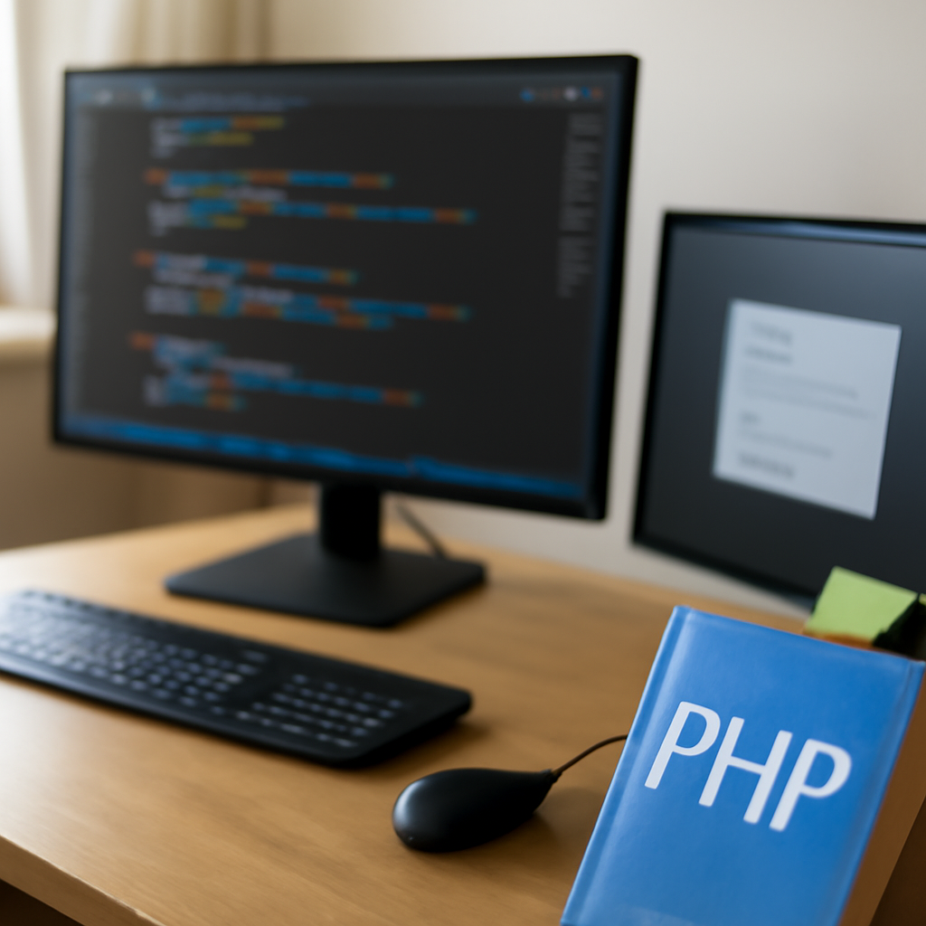 Software developer's workspace with code on screen, PHP manual nearby, and patch note on secondary monitor.