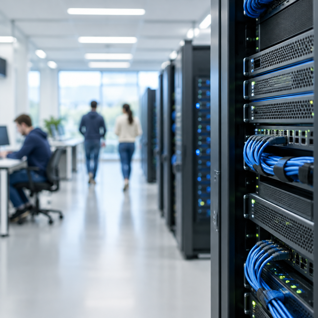 Modern server room with technicians working amidst rows of computer servers and networking equipment.