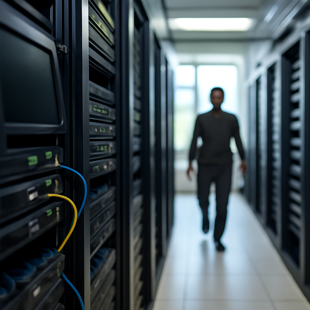 Server room interior with IT personnel walking down a row of racks and servers.