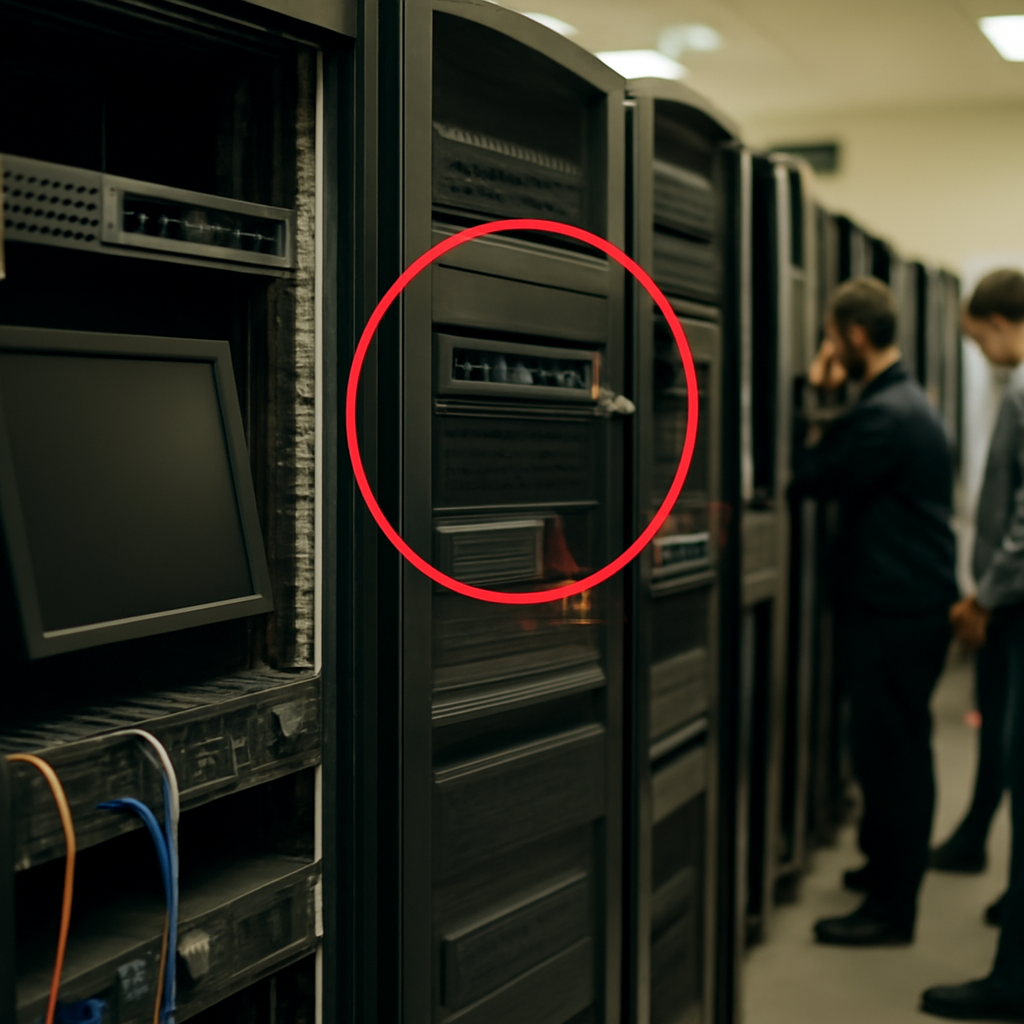 Rows of computer servers and networking equipment in a dimly lit server room with highlighted areas suggesting urgent…