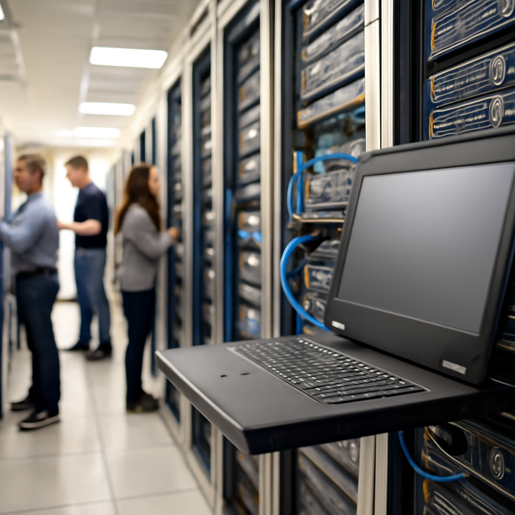 Technicians work on server racks in a brightly-lit data center with cables and equipment.