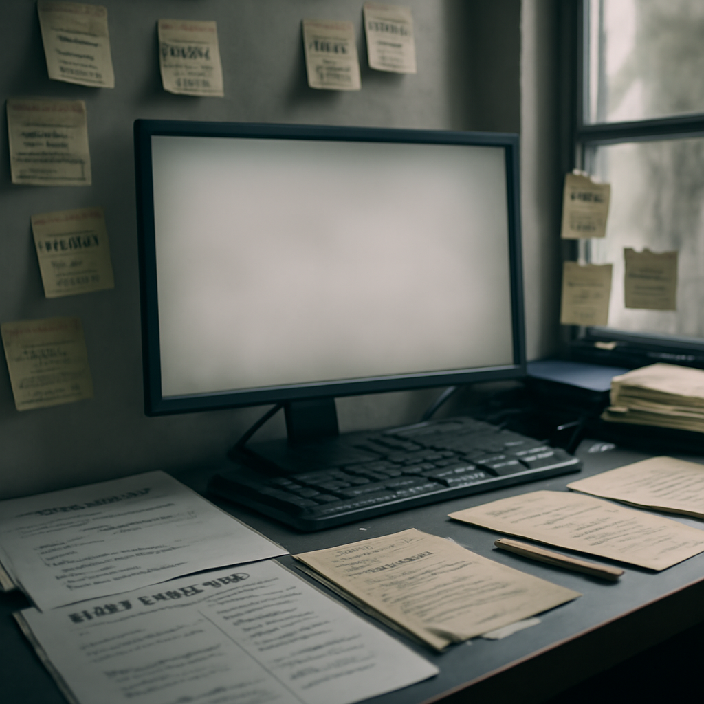 Cluttered workspace with computer and notes near a bright window.