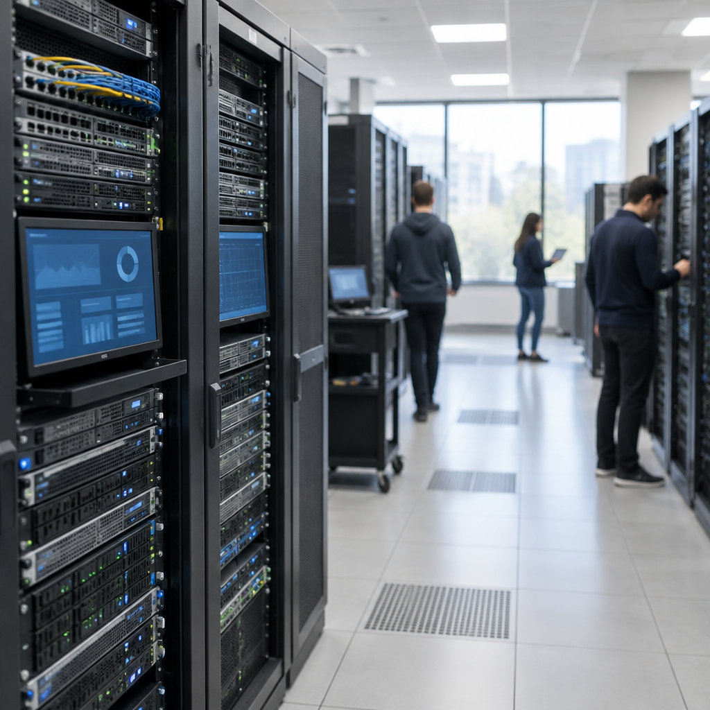 Rack-mounted servers and networking equipment in a data center with technicians in the background.