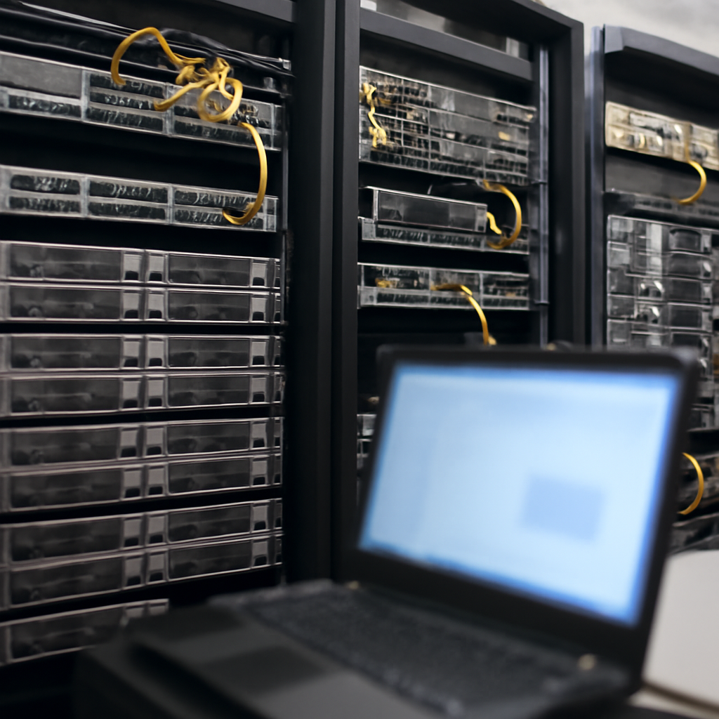 Rows of computer servers and networking equipment in a server room, with a blurred laptop screen in the foreground.