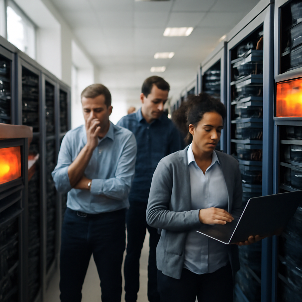 Technicians in a data center look concerned while checking server equipment with warning lights and error messages displayed.